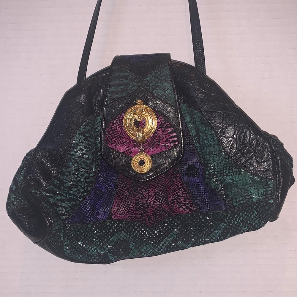 Sharif Vintage Black Purple Green Shoulder Bag with Gold Accent Snake Patchwork